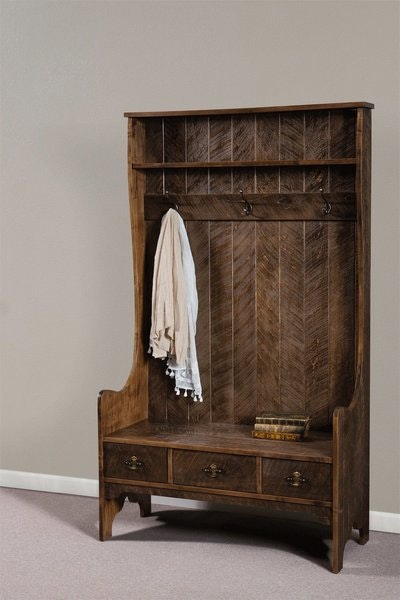 Amish Rustic Entryway Hall Tree Bench Shown in Rough Sawn Brown Maple Almond Stain