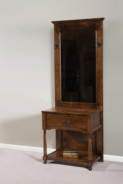 Amish Entryway Hall Tree Console Table with Mirror Shown in Brown Maple Earthtone Stain