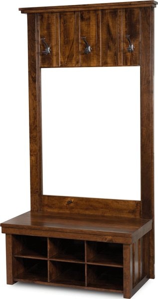 Amish Entryway Hall Tree with Shoe Storage Shown in Rustic Cherry with Earthtone Stain