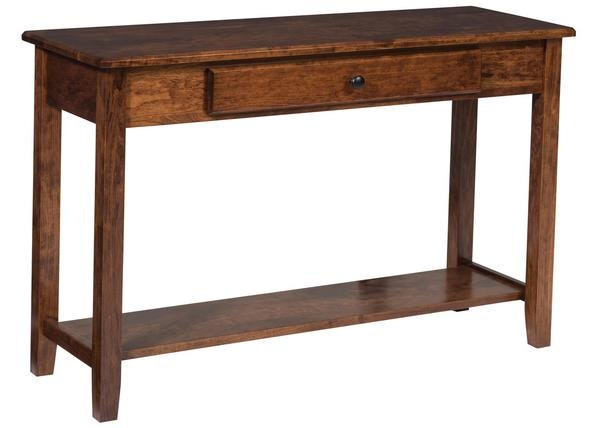 Amish Ethridge Sofa Table Rectangular Shape. Includes Extending drawer and and open shelf at the base.