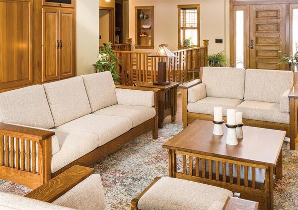 Amish Falkland Living Room Mission Style Furniture Set includes 1 Mission Sofa, Loveseat, Lounge Chair, Footstool, End Table, and Square Coffee Table.