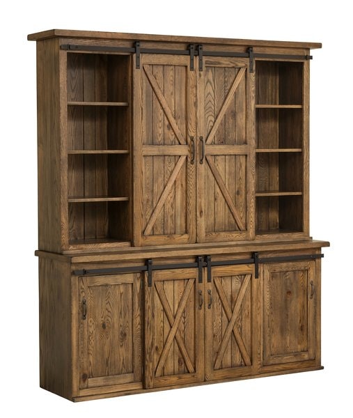 Amish New England 76 Dining Hutch With Sliding Barn Doors shown in Rustic Red Oak / Aged Amazing Walnut