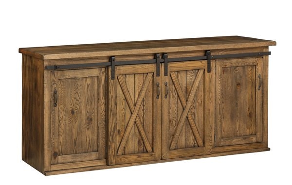 Amish New England 74 Dining Buffet With Sliding Barn Doors shown in Rustic Red Oak / Aged Amazing Walnut