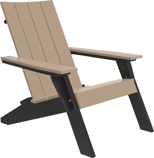 LuxCraft Urban Poly Wood Adirondack Chair with modern style smooth curved back, deep seating, and Amish made in weatherwood tan and black