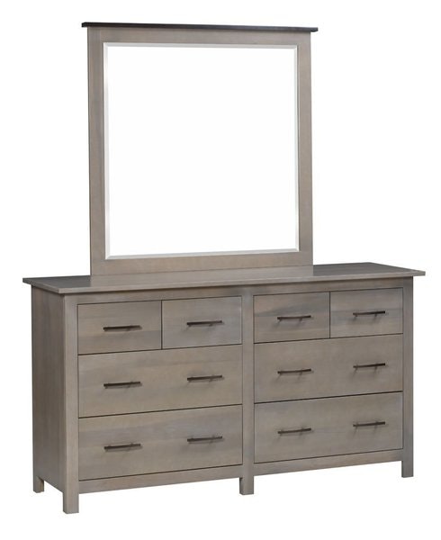 Amish Richey 66 Dresser with Optional Mirror shown in Brown Maple with Barnwood Stain and Black Onyx Accent