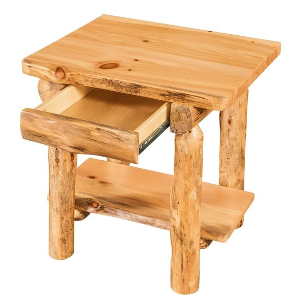 Amish Handcrafted Rustic Log End Table with Drawer and Shelf