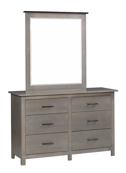 Amish 56 Wide Richey Dresser with Optional Mirror shown in Brown Maple with Barnwood stain and Black Onyx accent