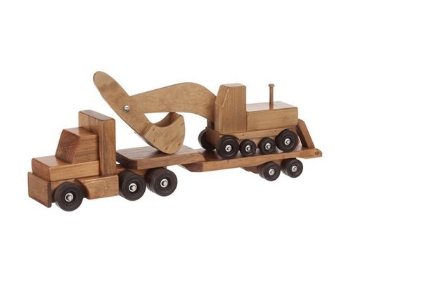 Amish Wooden Toy Low Boy Truck with Excavator