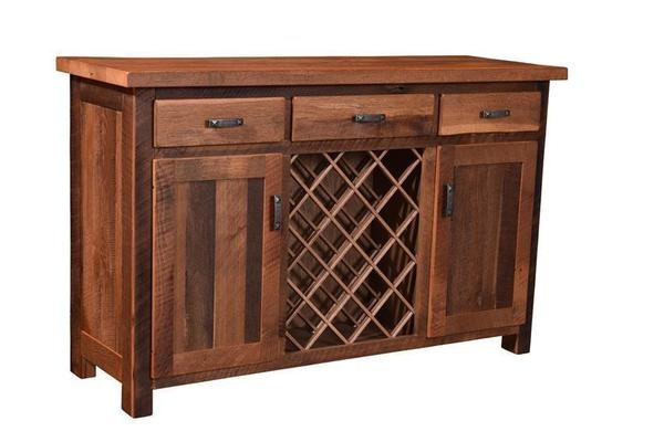 Almanzo Reclaimed Barnwood Two Door and Three Drawer Wine and Bar Cabinet with a Center Wine Rack
