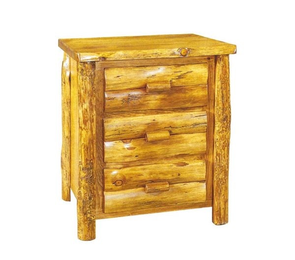 Amish Rustic Pine Log Nightstand with Three Drawers - Quick Ship
