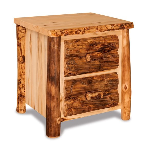 Amish Rustic Aspen Log Nightstand with Two Drawers - Quick Ship