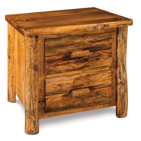 Amish Rustic Pine Log Nightstand with Two Drawers - Quick Ship