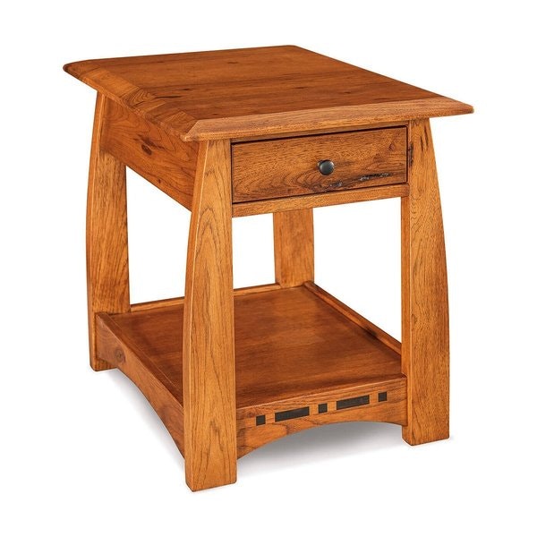 Amish 24 Tall Wood Grove Mission End Table with Drawer and Bottom Shelf Domestically Sourced Rustic Hickory Wood - Quick Ship