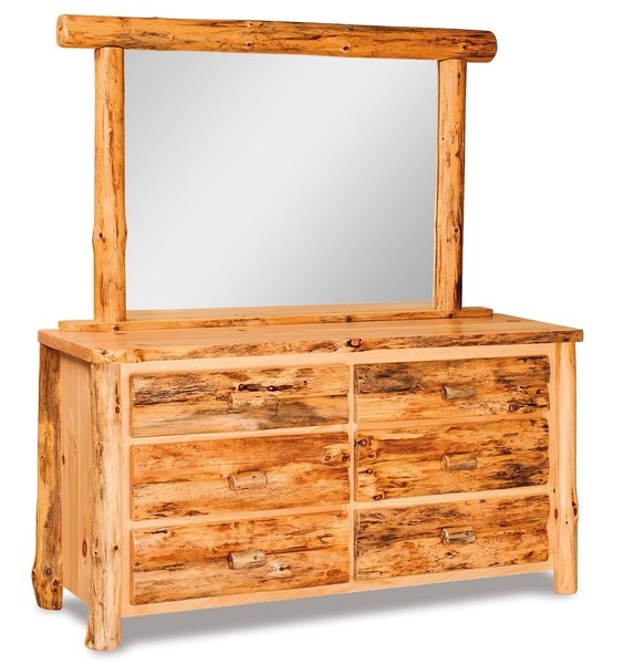 Amish Rustic Log Six-Drawer Dresser with Mirror - Quick Ship