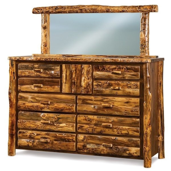 Amish Rustic Log 10-Drawer and 1-Door Dresser Chest with Mirror - Quick Ship