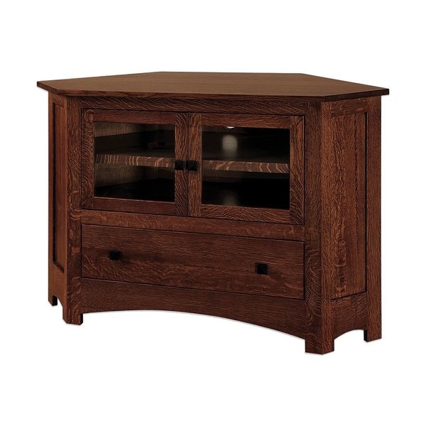 The Mission Style Roanoke Corner TV Stand Handcrafted From QSWO Wood with Asbury Brown Finish
