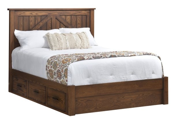 Amish Ox Bow Mountain Platform Bed with Storage Drawers shown in Sap Oak with Aged Centennial Finish with Black Glaze