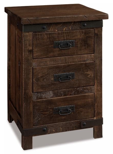 Amish Ironwood 3-Drawer Nightstand shown in Rustic Rough Sawn Brown Maple with Almond Stain.