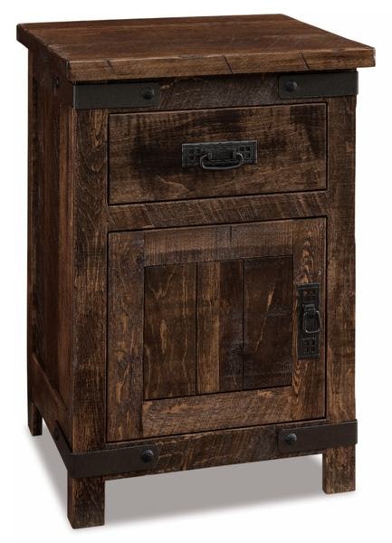 Amish Ironwood 1-Drawer 1-Door Nightstand shown in Rustic Rough Sawn Brown Maple with Almond Stain.