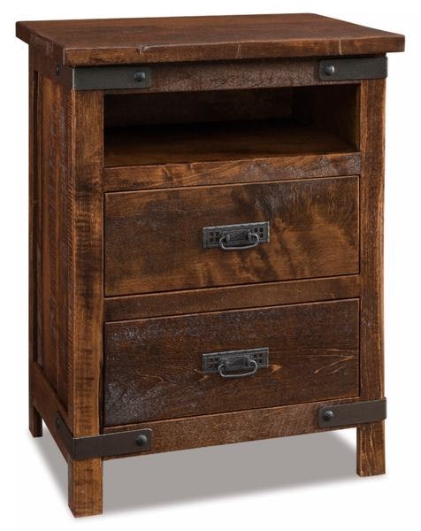 Amish Ironwood 2-Drawer Nightstand with Opening shown in Rustic Rough Sawn Brown Maple with Vintage Antique Stain.