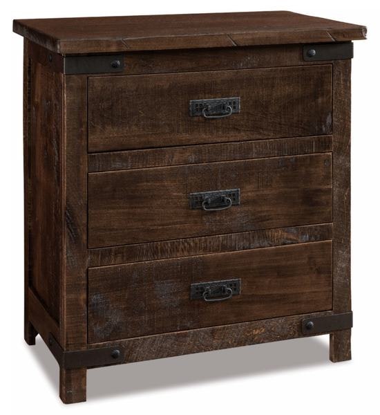 Amish Ironwood Wide 3-Drawer Nightstand shown in Rustic Rough Sawn Brown Maple with Vintage Almond Stain.<