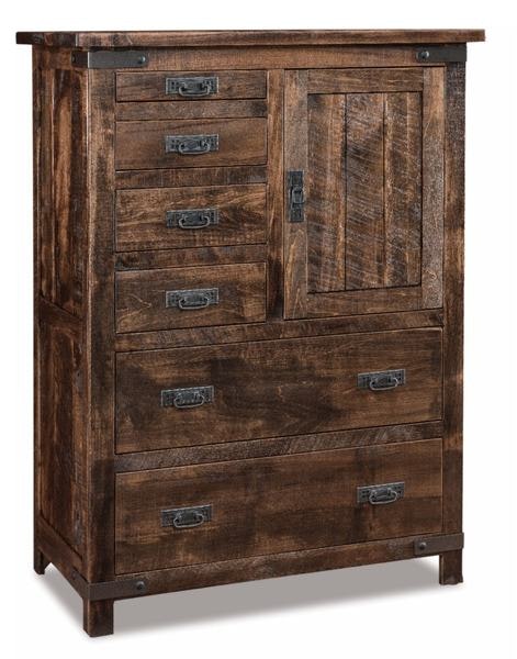 Amish Ironwood Gentlemans Chest of Drawer shown in Rustic Rough Sawn Brown Maple with Almond Stain.