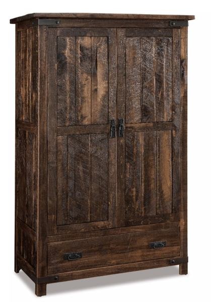 Amish Ironwood Wardrobe Armoire shown in Rustic Rough Sawn Brown Maple with Almond Stain.