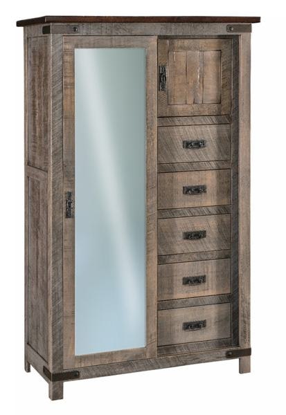 Amish Ironwood Rustic Maple Wood Chifferobe with Sliding Mirror Door shown in Rustic Rough Sawn Brown Maple with Rich Tobacco and Pewter Glaze.
