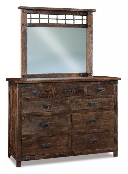 Amish Ironwood 9-Drawer Dresser with Optional Beveled Mirror shown in Rustic Rough Sawn Brown Maple with Almond.