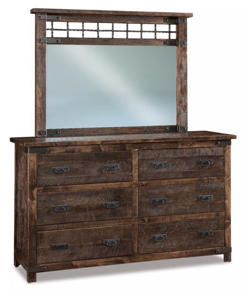 Amish Ironwood 6-Drawer Dresser with Optional Beveled Mirror shown in Rustic Rough Sawn Brown Maple with Almond.