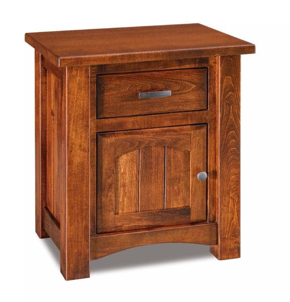 Amish Rodney Mission Custom 1-Drawer Nightstand Cabinet shown in Brown Maple with Burnt Umber stain and Rustic Hickory with Driftwood