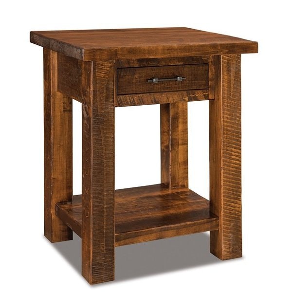Amish Chapito Rustic Rough Sawn Brown Maple Wood 1-Drawer Open Nightstand shown in Rustic Rough Sawn Brown Maple with Almond Stain.