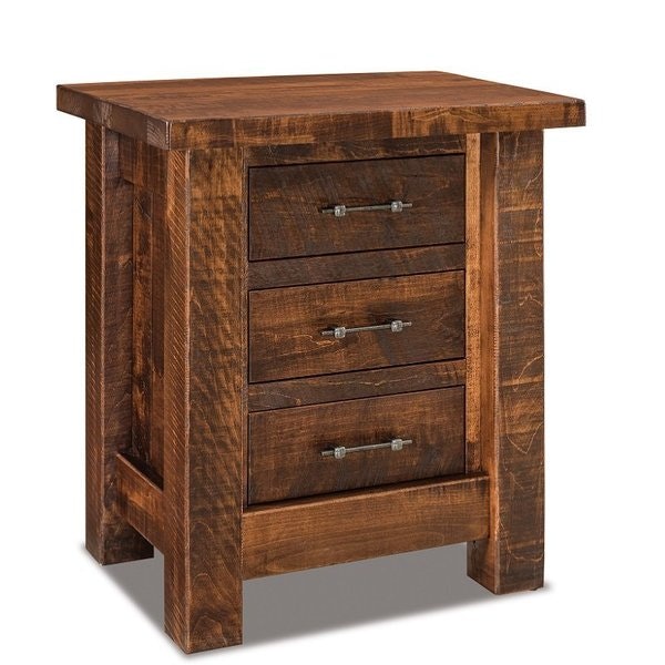 Amish Chapito Rustic Rough Sawn Maple Wood Custom 3-Drawer Nightstand shown in Rustic Rough Sawn Brown Maple with Tavern Stain