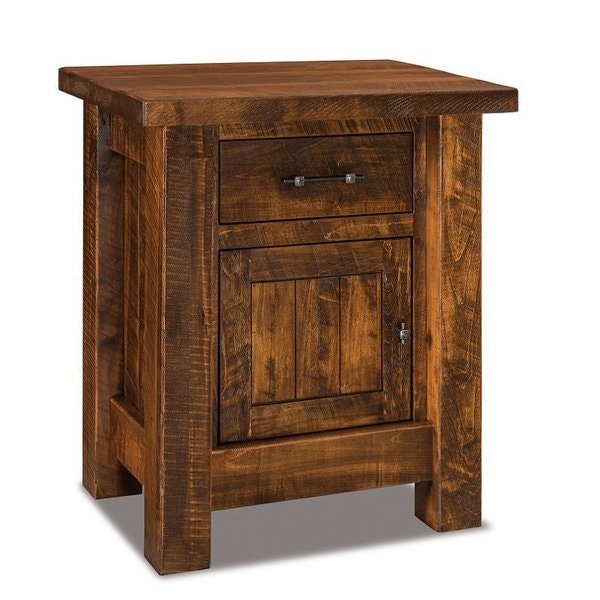 Amish Chapito Rustic Rough Sawn Brown Maple Wood 1 Drawer Nightstand Cabinet shown in Rustic Rough Sawn Brown Maple with Vintage Antique Stain