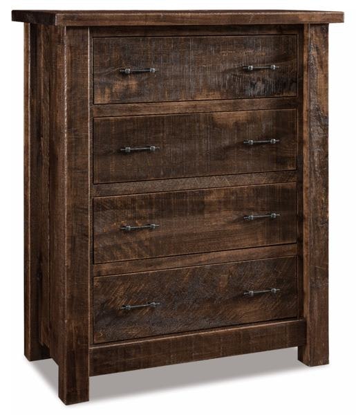 Amish Rough Sawn Brown Maple Wood Rustic Chapito 4-Drawer Chest shown in Rustic Rough Sawn Brown Maple with Almond Stain