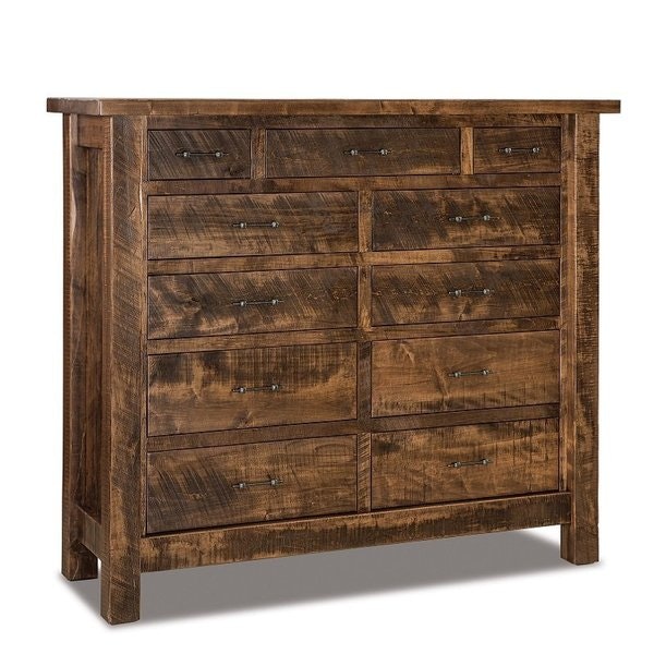 Amish Chapito Rustic Rough Sawn Brown Maple Wood 11-Drawer Double Chest of Drawer shown in Almond Stain