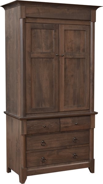 Amish Sanibel armoire with four lower drawers and paneled double-door cabinet, shown in dark brown finish.