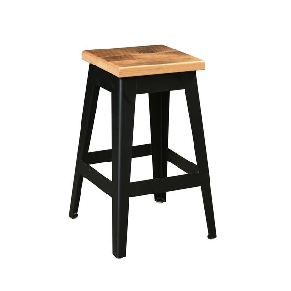 Amish Newport Reclaimed Barnwood Barstool with Wood Seat and Four Leg Black Metal Base