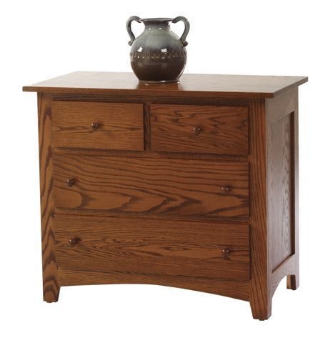 Amish Classic Farmhouse Chest of 4 Drawer Night Stand Shown in Oak Wood With Michaels Cherry Finish