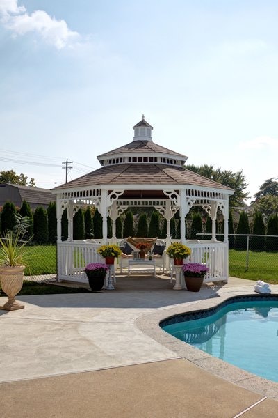 14x14 White Vinyl Octagon Gazebo with Pagoda Roof and Cupola, Victorian Braces, and Turned Posts