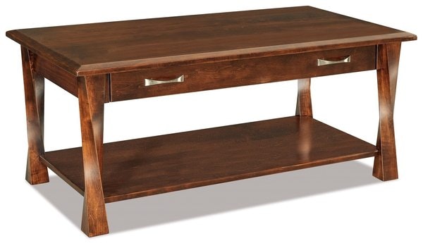 Amish Uplift Rectangular Coffee Table with Drawer with Twisted Legs and Bottom Shelf  shown in Brown Maple Wood with Burnt Umber finish.