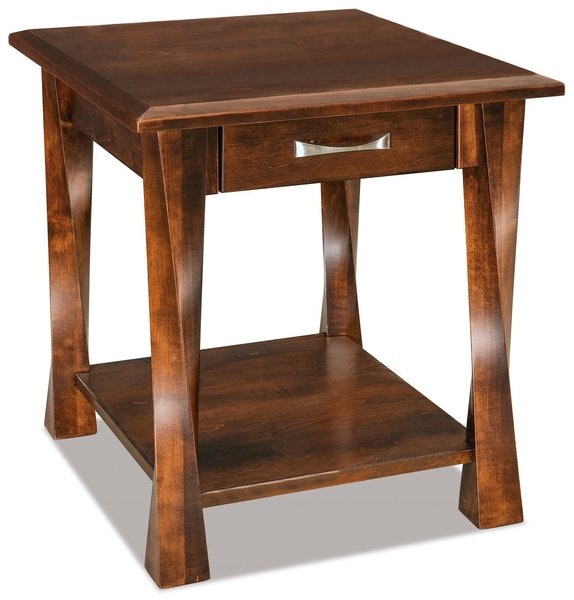 Amish Uplift Side Table with Drawer and Solid Twisted Legs shown in Brown Maple Wood with a Burnt Umber finish