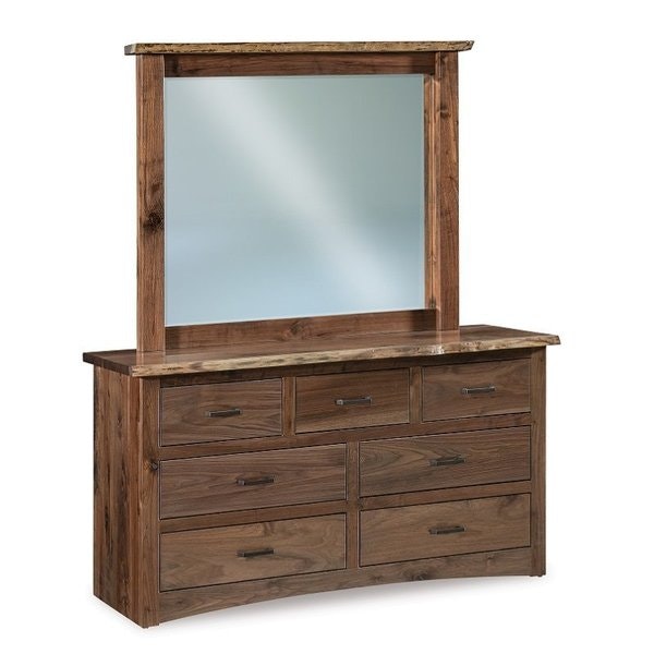 Amish 66 Inch Wide Mervin Hardwood Live Edge 7-Drawer Dresser with Optional Beveled Mirror