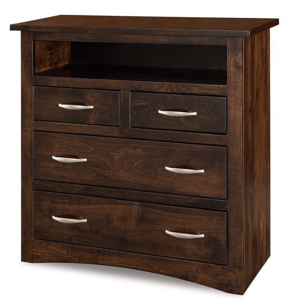 Amish Richard Modern Mission 4-Drawer Media Chest of Drawers shown in Rustic Cherry with Burnt Umber Stain.