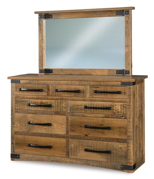 Amish 66 Inch Beatrice 9-Drawer Dresser with Optional Mirror with Metal Accents