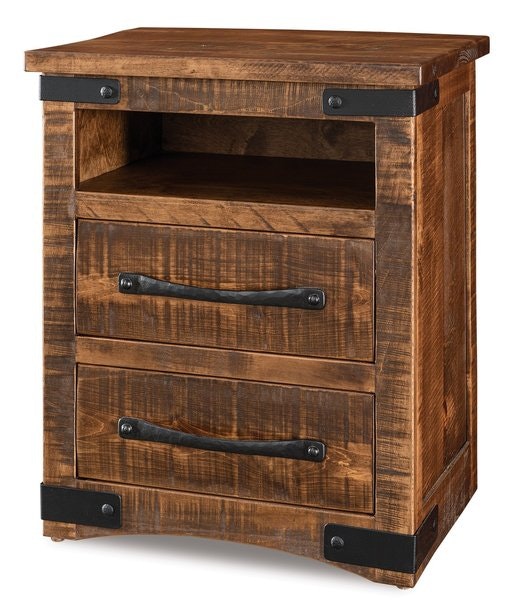 Amish Beatrice 2-Drawer Nightstand with Opening shown in Rustic Rough Sawn Brown Maple Wood with an Almond Stain