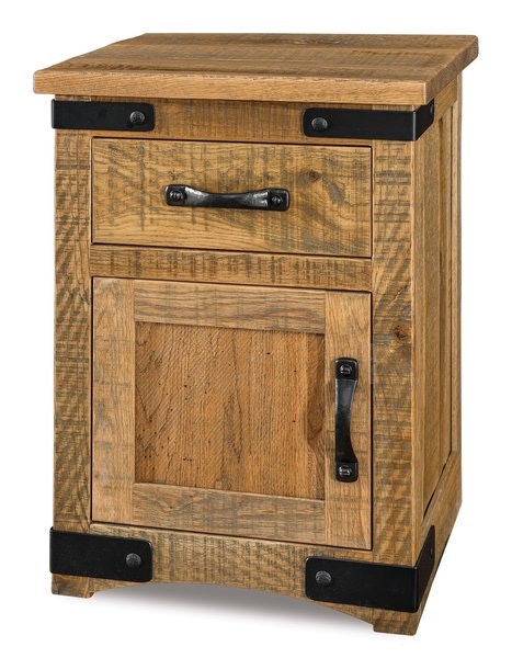 Amish Beatrice Rustic 1-Drawer Nightstand Cabinet shown in Rustic Rough Sawn Brown Maple Wood with Sandstone