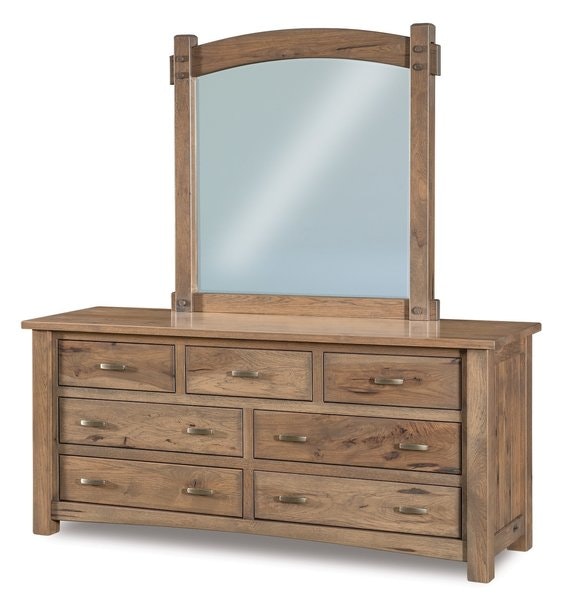 Amish Rodney 7-Drawer Dresser with Optional Mirror shown in Rustic Hickory with Driftwood stain