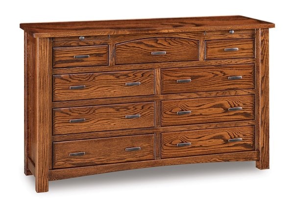 Amish Rodney 9 Drawer Dresser with 2 Jewelry Drawers shown in Oak with Tavern Stain.