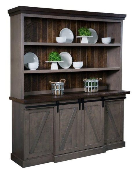 Amish Hamilton Four Door Open Hutch shown in Brown Maple with Almond Tops/Back, Driftwood Body